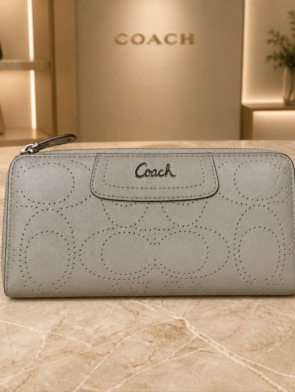 Coach Ashleu Gray Perforated Signature Zip Wallet